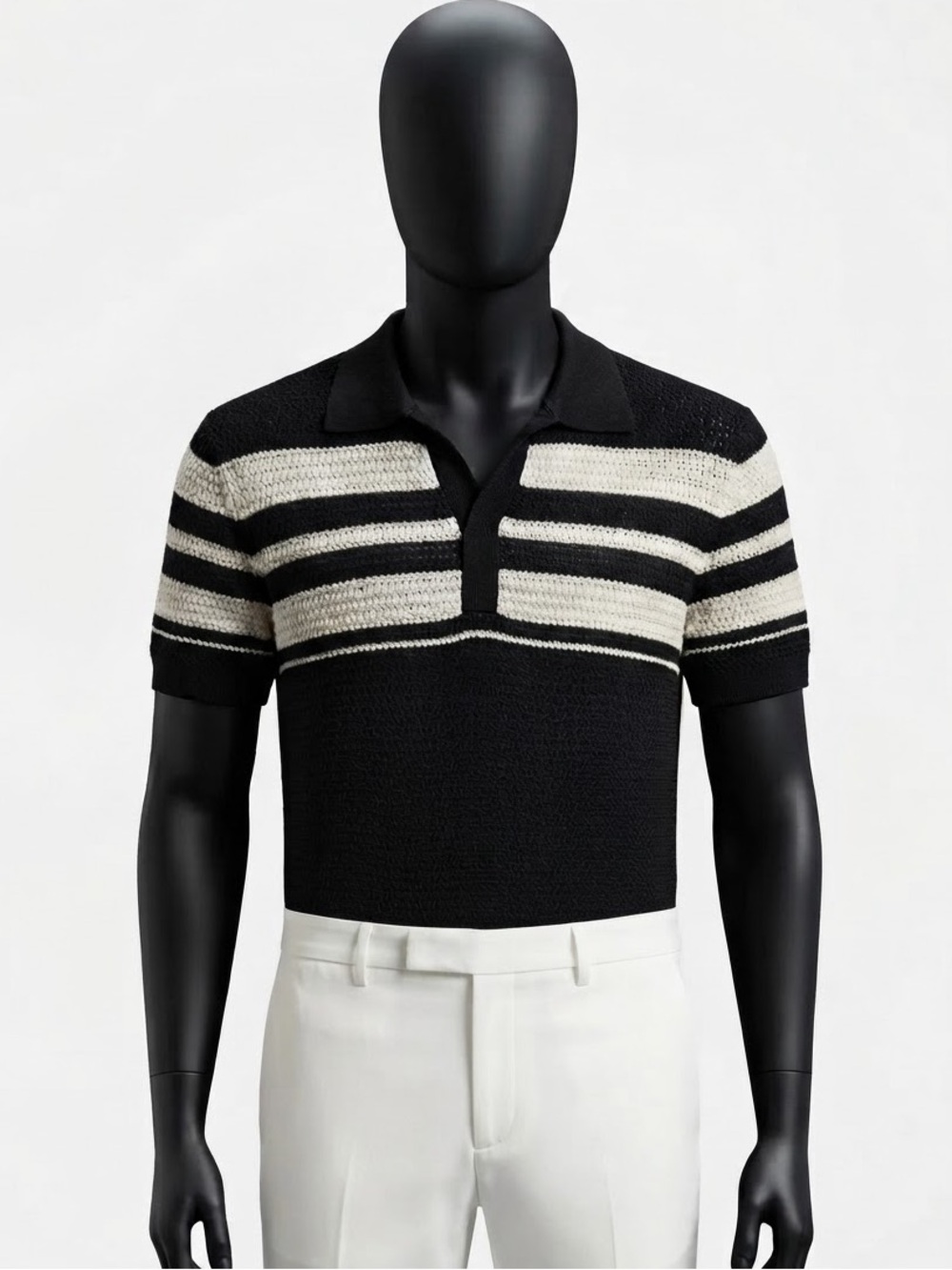 H&M Black & White Striped V-Neck Polo.